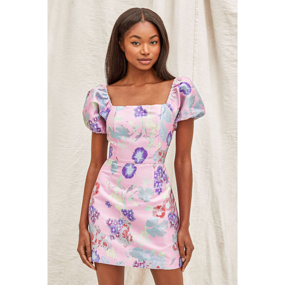 Lulus Pink Multi Floral Jacquard Puff Sleeve Mini Dress - Size M
